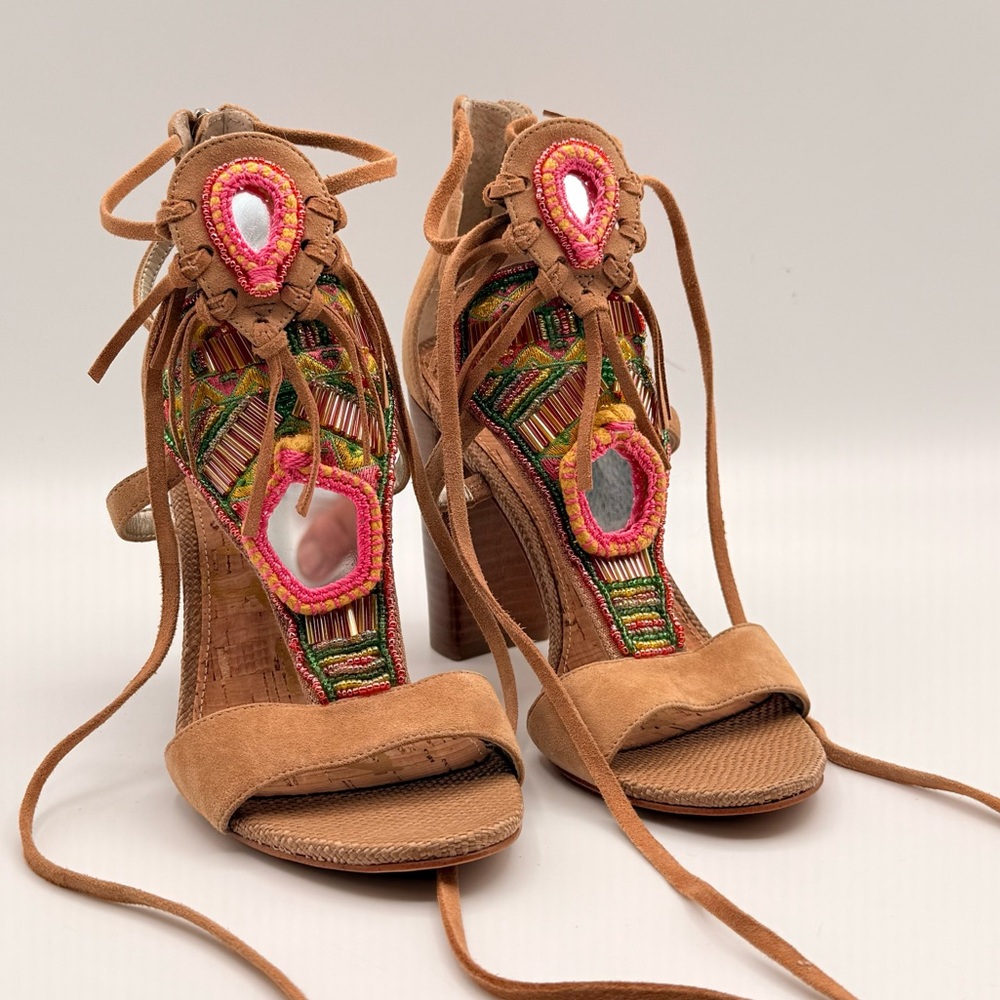 Sam Edelman Tan Suede Beaded Lace-Up Block Heel Sandals Size 6